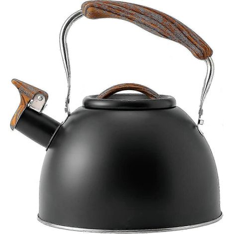 Théière sifflante 3 L en acier inoxydable avec poignée en bois pliable,Black (1/5)