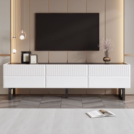 Meuble TV noir et blanc 170 x 35 x 47 cm, 3 tiroirs, plateau brillant, piètement en fer, rangement, charge 60 kg (1/5)