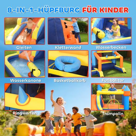 Château gonflable 8 en 1 avec ventilateur, glissade, piscine, rebondisseur et mur d’escalade pour usage intérieur et extérieur, 350 x 325 x 210 cm, multicolore (1/4)