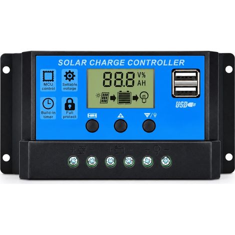 Régulateur Solaire PWM 30A 12V 24V, Contrôleur de Charge avec Écran LCD et Double USB 5V, Régulateur de Panneau Solaire pour Batterie AGM GEL Plomb Acide (1/5)