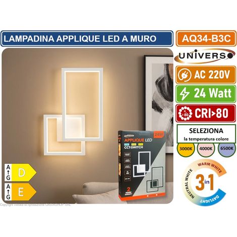 UNIVERSO AQ34-B3C APPLIQUE LED A MURO BIANCA 24W FORMA GEOMETRICA RETTANGOLARE CON SWITCH CCT PER SELEZIONE LUCE 3000K/4000K/6500K (1/5)