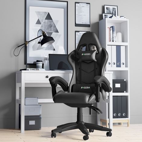 Fauteuil de Bureau - BIGZZIA Chaise Gaming - Siège de Bureau Réglable Gaming Racing - avec coussin et dossier inclinable - Noir (1/5)