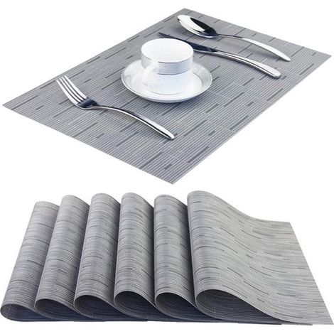 Set di 6 tovagliette in vinile intrecciato, lavabili, per interni, antiscivolo (Grigio chiaro, 6 set) (1/5)