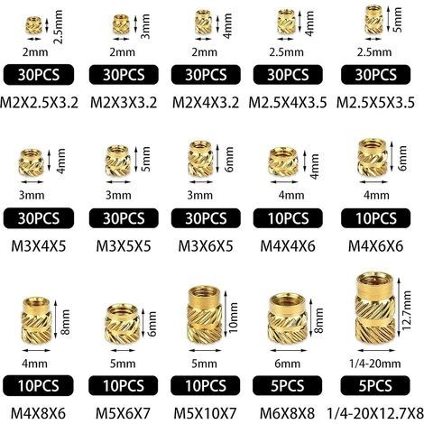 Gewindeeinsätze, 300 Stück, Mutterneinsätze M2, M2,5, M3, M4, M5, M6, Innengewindeeinsätze, gerändelte Messingmuttern, Gewindebuchsen, gerändelte Messingeinsätze für Kunststoff, Holz, 3D-Druck (1/4)