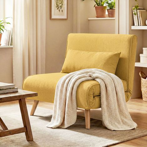Sofá Cama Individual Plegable con Respaldo Ajustable 5 Posiciones Sillón Cama Tapizado con Cojín 72x75x85 cm Amarillo