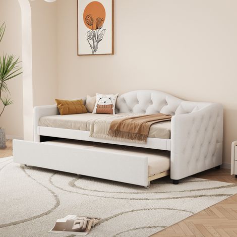 lit adulte couchage gigogne simple 90x200 lin beige HAVRYA (1/5)