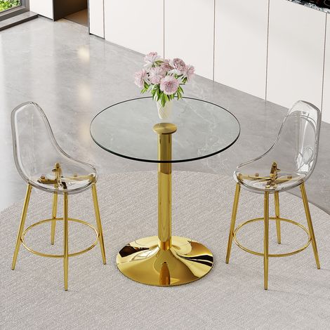 Ensemble de bar : table verre 89 cm + 2 tabourets transparents,cadre métal doré repose-pieds cuisine européenne.