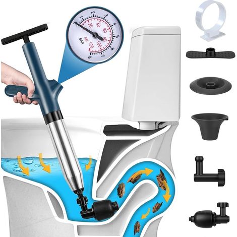 Nettoyeur de canalisations à air - Nettoyeur de canalisations haute pression avec 4 ventouses et indicateur de pression d'air, pompe à air pour évier en acier inoxydable 304