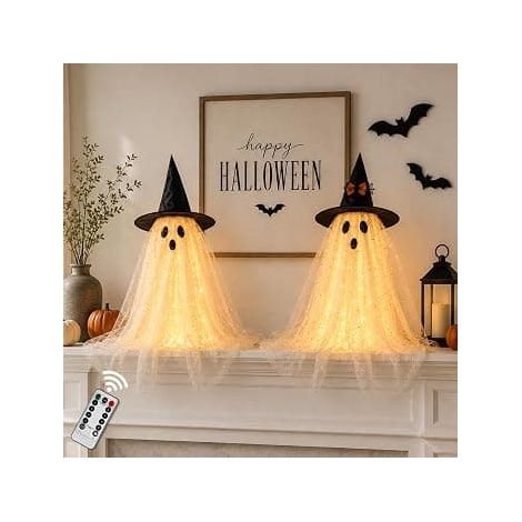 AYGXU 2 pcs Décorations d'Halloween Intérieures, Décor de Fantôme avec Guirlande Lumineuse et Télécommande, Décorations de Fête d'Halloween, Lampe Fantôme Effrayante pour la Maison Grand fantôme - cou (1/5)