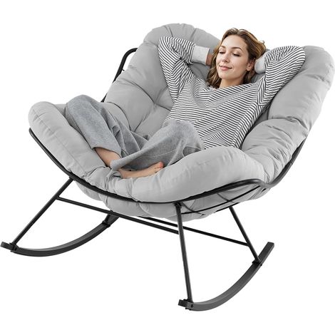 COSTWAY Poltrona a dondolo per interni ed esterni, sedia Papasan oversize con cuscino imbottito, struttura in metallo, poltrona a uovo per salotto, patio, portata 205 kg (grigio chiaro) (1/5)