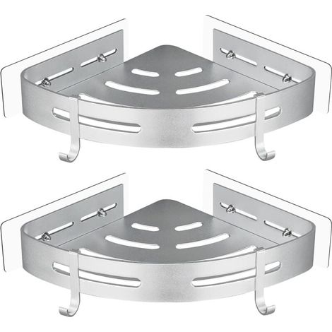 estantes de ducha de esquina de metal sin perforar con 2 ganchos, soporte autoadhesivo inoxidable para baño (plateado) (1/4)