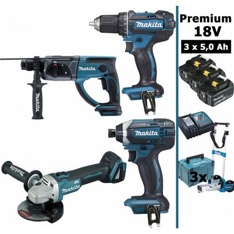 Pack Makita Premium 18V 5Ah: DDF482 + DGA504 + DHR202 + DTD152 + 3 batt + 3 MakPac + chariot MAK4310PT3JD MAKITA (1/5)