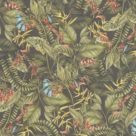 Blumen Tapete Profhome 394251 heißgeprägte Vliestapete leicht strukturiert mit Dschungel-Design matt grün dunkel-grün rot gelb 5,33 m2