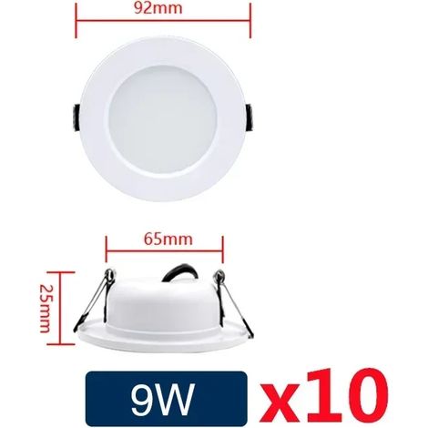 (9W-AC110V) Lot de 10 spots LED encastrés ronds, corps blanc, éclairage intérieur LED pour chambre à coucher. (1/5)