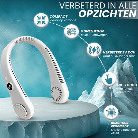 Ventilatore da collo portatile senza pale con funzione di raffreddamento: leggero e silenzioso, con connessione USB wireless e batteria a lunga durata, display a LED e flusso d'aria a 360°. (1/5)