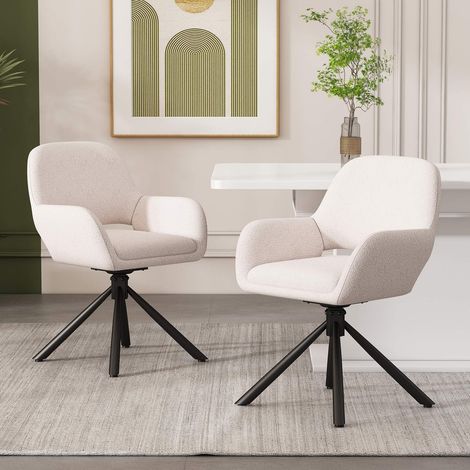 Lot de 4 chaises pivotantes en tissu sherpa blanc, avec accoudoirs, assise rembourrée, pieds métal, style moderne (1/5)