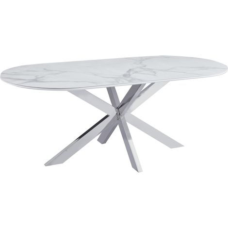 Homy France – Table de salle à manger moderne 200x90 cm – Plateau céramique effet marbre blanc – Piètement métal chrome – Accueille jusqu'à 8 convives (1/5)
