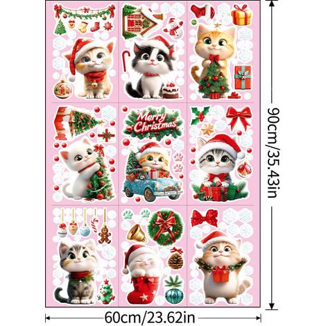 Autocollant statique pour vitre, motif chaton de Noël, sapin de Noël et flocon de neige - Décoration de fenêtre auto-adhésive pour les fêtes - JTSKJD2340DS