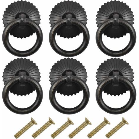 Lot de 6 poignées de meubles vintage, boutons de meubles à anneau de tiroir pour armoires, commodes, portes avec vis, noir
