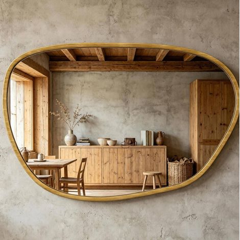 Espejo de pared asimétrico 60x90x2,5 cm en vidrio templado y MDF, natural, para baño – MEUBLIV (1/5)