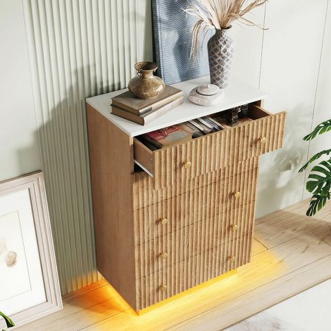 Commode à 5 tiroirs,avec éclairage LED, design fluted bois, Meuble de rangement 73x40x111 cm, sécurisée anti-basculement, pour chambre à coucher salon,chêne clair (1/5)