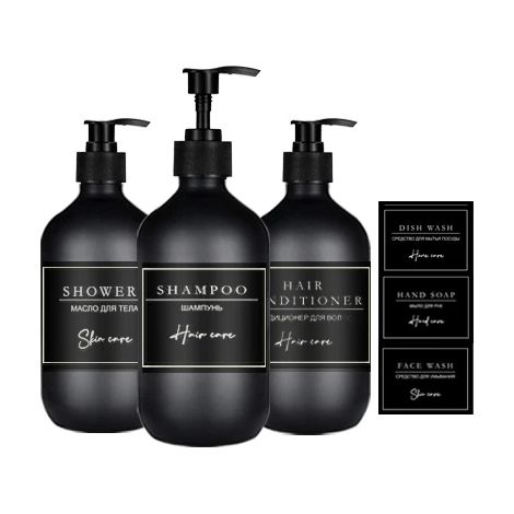 (Lot de 3 flacons noirs de 500 ml) Flacon distributeur de savon, shampoing et gel douche rechargeable, grande capacité, accessoires de salle de bain (1/5)