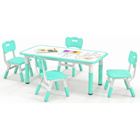Children's table with 4 chairs set with graffiti table top, height-adjustable children's seating group, green (1/5)