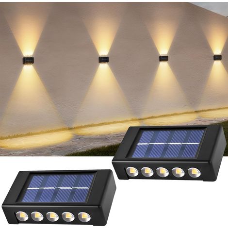 Appliques solaires d'extérieur, 2 appliques murales solaires avec 10 LED Lumière solaire blanc chaud, éclairage par le haut et par le bas, applique étanche IP44 pour une utilisation intérieure et ext (1/5)