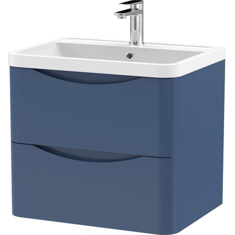 Balterley Dunwood Wall Hung 2 Drawer Bathroom Vanity Unit & Polymarble Basin, Satin Blue, 550mm (1/5)