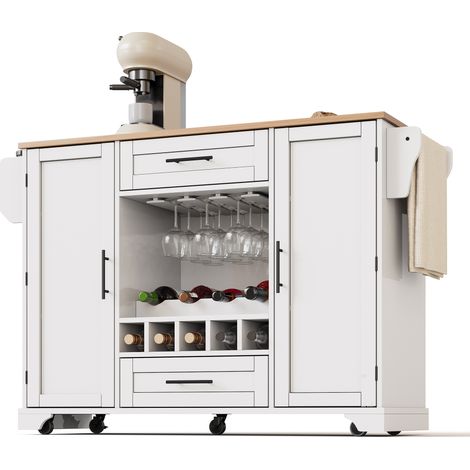 Carrello cucina 138x45x92cm, piano estensibile, porta vini, cassetti screvoli, porta salviette e scaffali laterali, MDF bianco