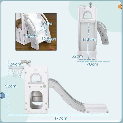 Toboggan enfant 5-en-1 avec panier de basket et escalade, plastique gris 70 x 177 x 92 cm (1/5)