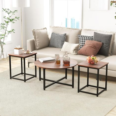 COSTWAY 3er Set Couchtisch, Beistelltisch Metallrahmen, 1 runder Kaffeetisch & 2 quadratische Tische, moderner Wohnzimmertisch Kaffeetisch, Satztisch für Wohnzimmer Schlafzimmer Braun (1/5)