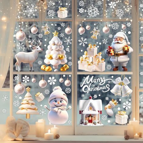 Un ensemble de 9 Autocollants Statiques de Noël pour Fenêtres Amovible Vinyle Père Noël, Arbre, Bonhomme De Neige, Flocon De Neige, Cerf DIY Mur, Porte, Vitrine Decal (1/5)