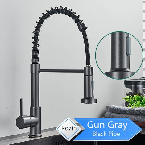 Robinet de cuisine noir mat (gris anthracite) avec douchette extractible, robinets de cuisine haut de gamme, double jet, flexible, mitigeur d'évier, eau chaude et froide. (1/5)