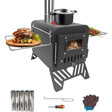 Réchaud de camping pour tente, taille élargie : 54 x 28 x 35 cm, poêle à bois portable d'extérieur avec tuyaux de cheminée en acier inoxydable, petit et confortable, pour la cuisine (1/5)