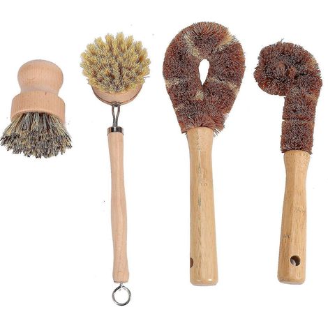 Ensemble de 4 brosses de nettoyage à base de plantes, en bois de hêtre et en fibres de coco, pour le nettoyage des casseroles et poêles en bois. (1/5)