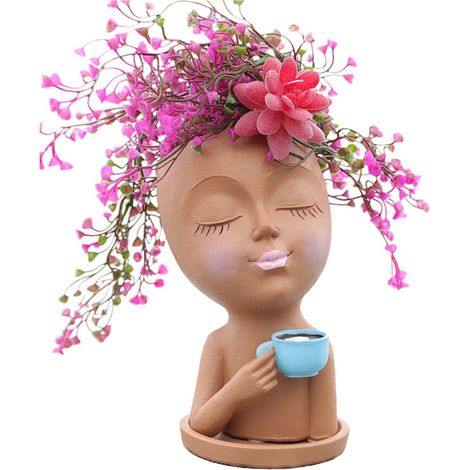 Pot de fleurs créatif « Fille au café », marron, pot de fleurs original pour la décoration intérieure (1/5)