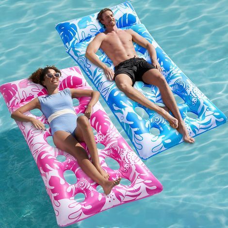 Aufblasbare Poolmatratze, Poolmatratze, Sonnenliege mit Kopfstütze für Erwachsene, Schwimmmatte, Floß für See, Strand, Pool, Wasserspiele (Blau, Rosa) (1/5)