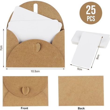 25 Mini-Umschläge mit Karten Vintage-Mini-Umschläge aus Karton Blankokarten Kleine Umschläge Herzförmiger Verschluss Ideal für Geschenkkarten 10 10,3 (1/4)