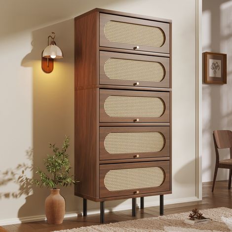 Buffet haut 80x40x163 cm, meuble de rangement à cannage rotin, 5 portes abattantes, pieds métal noirs, effet noyer pour salon et entrée (1/5)