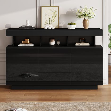 Buffet laqué noir 140x35x80 cm, LED (1/5)