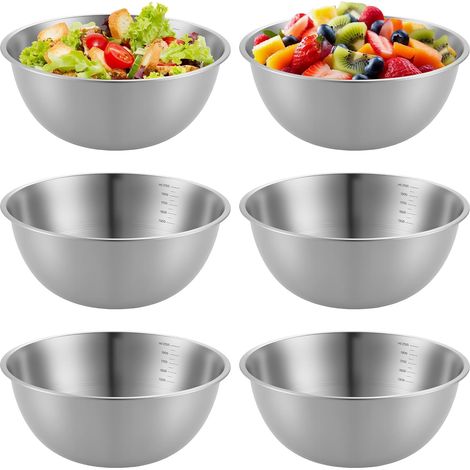 Lot De 6 Cul De Poule Inox, 2100 Ml Bols En Acier Inoxydable, Ø 22,5 Cm Saladiers En Acier Inoxydable, Bols Ronds En Avec Marques De Mesure, Saladier Inox Pour Salade, Collations (1/5)
