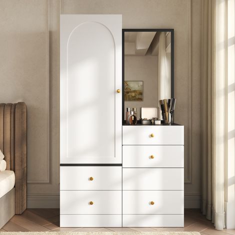 Multifunktionaler Schminkschrank mit Ganzkörperspiegel, MDF, Weiß und Schwarz (1/5)