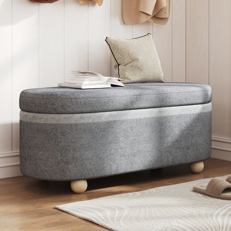 Banco avec rangement et revêtement en polaire doux, coffre-banquette polyvalent à pieds en bois et couvercle ouvrant, idéal pour salon, entrée ou chambre. Gris, 110 x 41 x 47 cm (1/5)