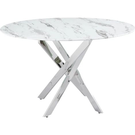 Table à manger ronde JESSICA MARBRE BLANC pieds chrome 100 cm 4 couverts (1/5)