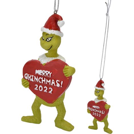 Ornement de Noël Grinch vert sapin pendentif, décoration de fête en résine artisanale, forme cœur. (1/5)