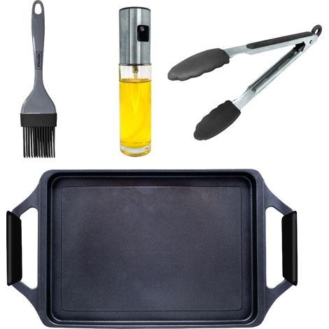 Plancha Grill Aluminium Moulé Quantanium PPG Induction, Gaz et Vitrocéramique 43 cm Set avec Pince, Pinceau et Spray Huile (1/5)