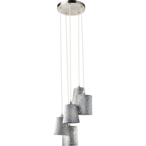 Pendelleuchte Hängelampe Hängeleuchte Wohnzimmer Pendellampe Stoffschirm silber, Metall Samt Dekorstanzungen, 5x E14 Fassungen, DxH 35x140 cm