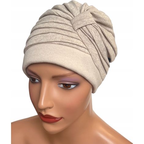 Turban ELA pour femme, bonnet en maille viscose isolée, beige clair, hiver (1/5)