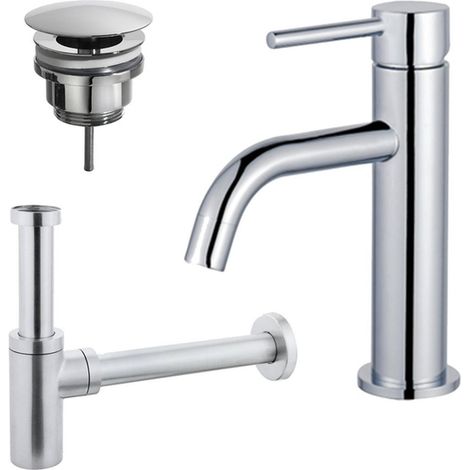 FugaFlow Eccelente Sobrado Slim Slim Kit mitigeur lavabo - robinet bas - bonde nonobturable - siphon design - Chrome brillant (1/4)